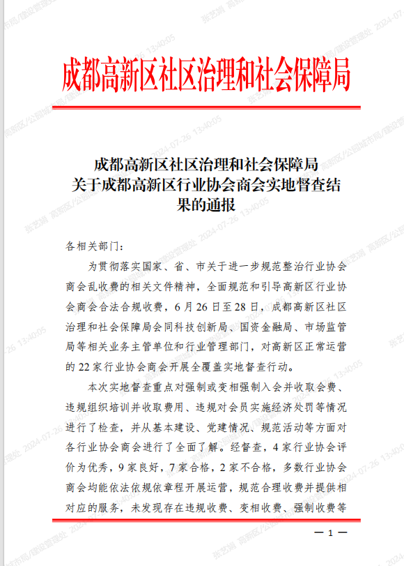 2024年成都高新区行业协会商会实地督查报告